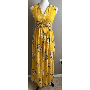Japna Women Sz S Sundress A-Line Yellow Floral Full Length Maxi Racerback Dress